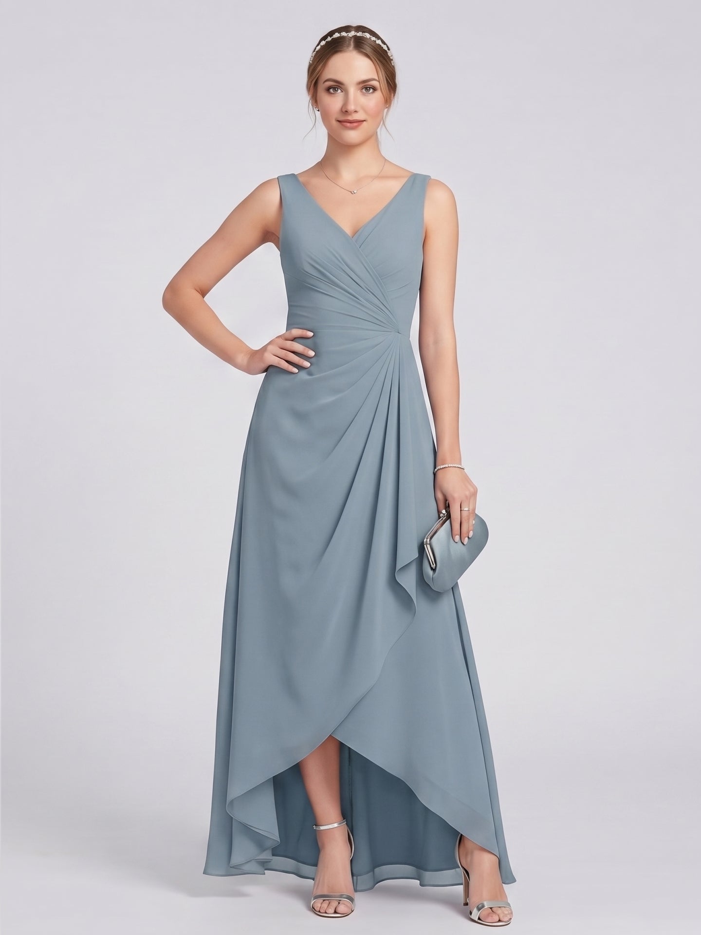 Elegant Dusty Blue Chiffon A-Line V-Neck V-Back with nan Ankle-Length  Bridesmaid Dress