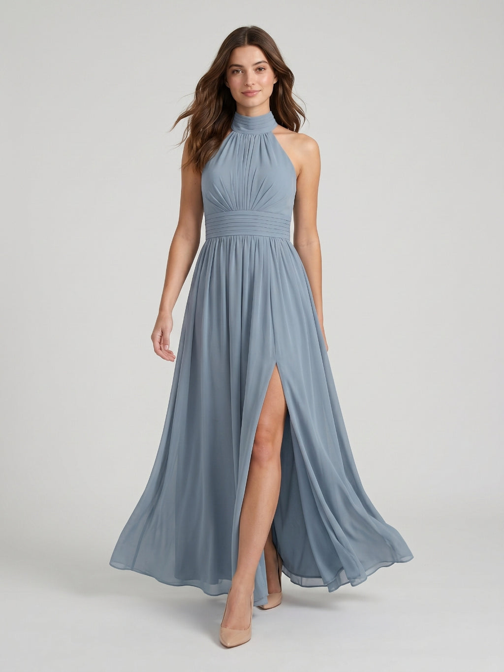 Dusty Blue Chiffon A-Line Halter Neckline Bow Back Floor-Length Bridesmaid Dress with Pleating