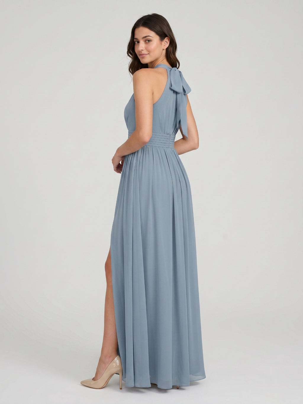 Dusty Blue Chiffon A-Line Halter Neckline Bow Back Floor-Length Bridesmaid Dress with Pleating
