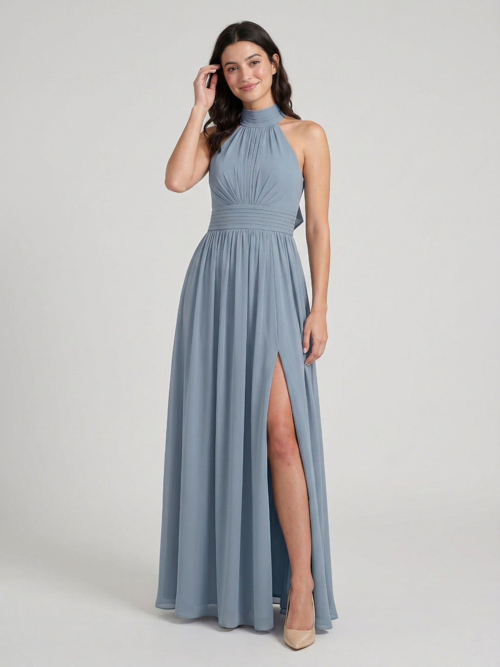 Dusty Blue Chiffon A-Line Halter Neckline Bow Back Floor-Length Bridesmaid Dress with Pleating