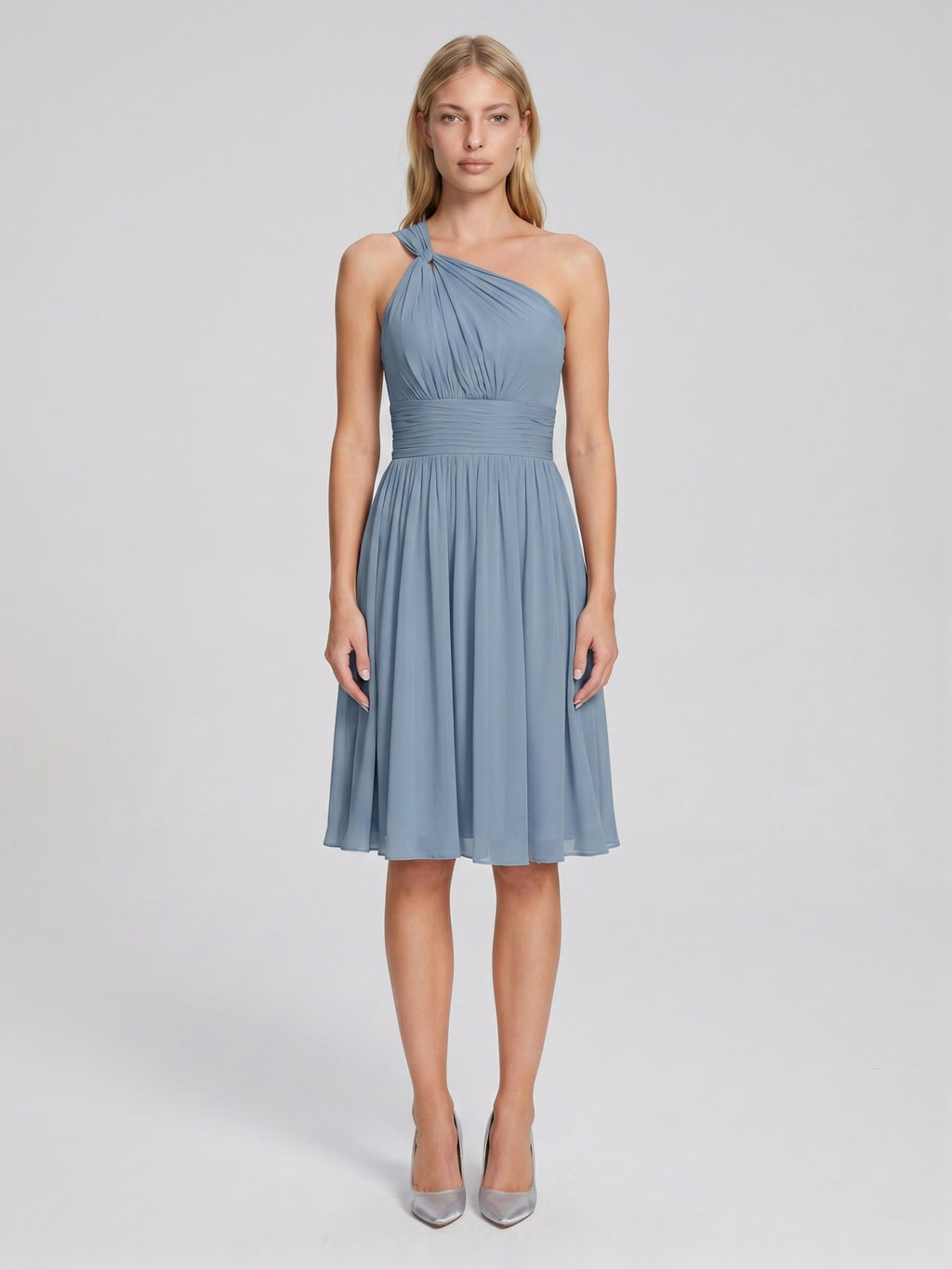 Dusty Blue Chiffon A-Line One Shoulder Back Zip Knee-Length Bridesmaid Dress with Pleats