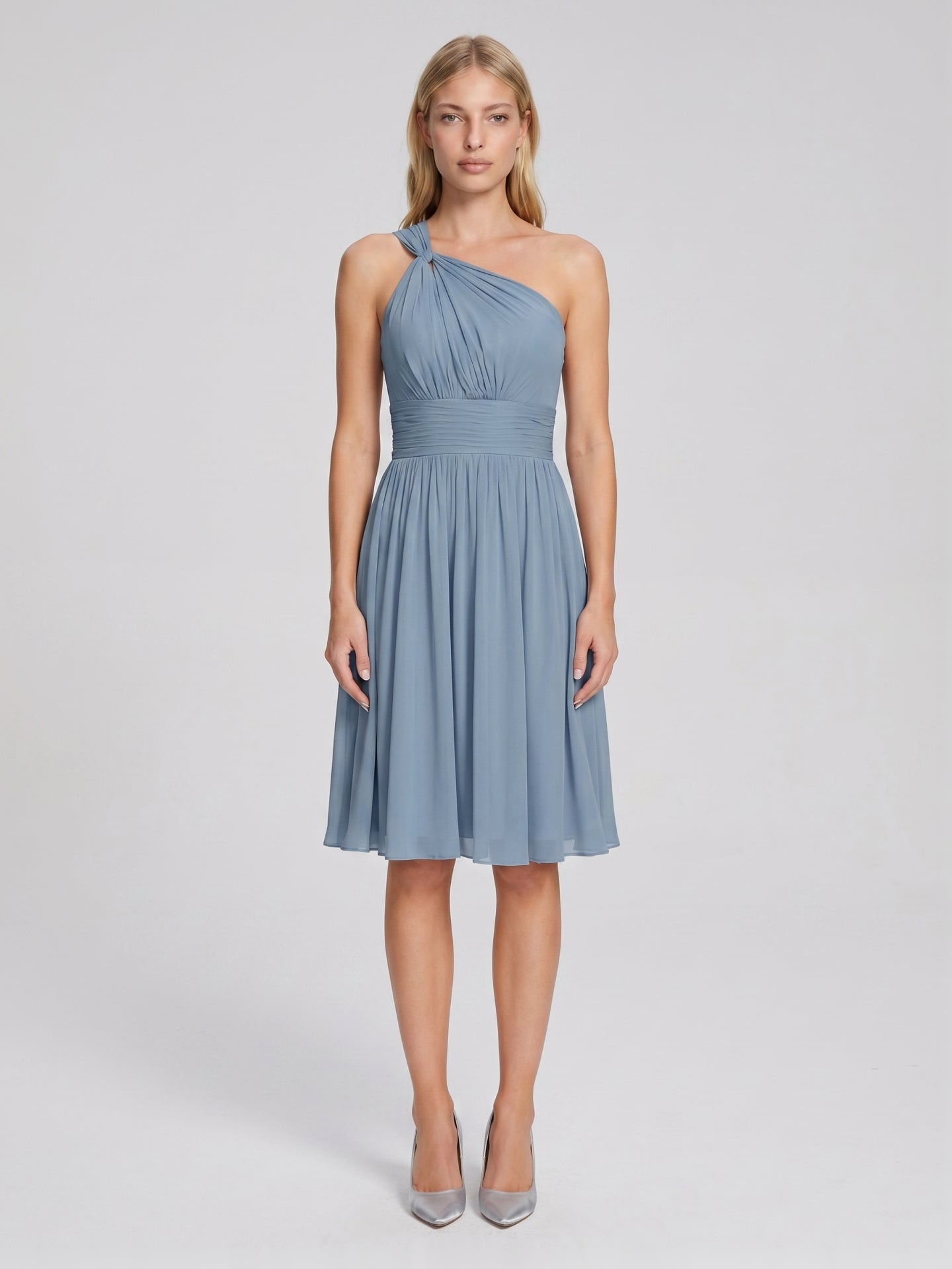 Dusty Blue Chiffon A-Line One Shoulder Back Zip Knee-Length Bridesmaid Dress with Pleats