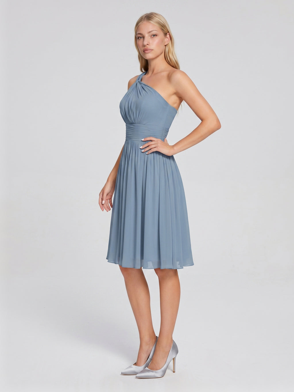 Dusty Blue Chiffon A-Line One Shoulder Back Zip Knee-Length Bridesmaid Dress with Pleats