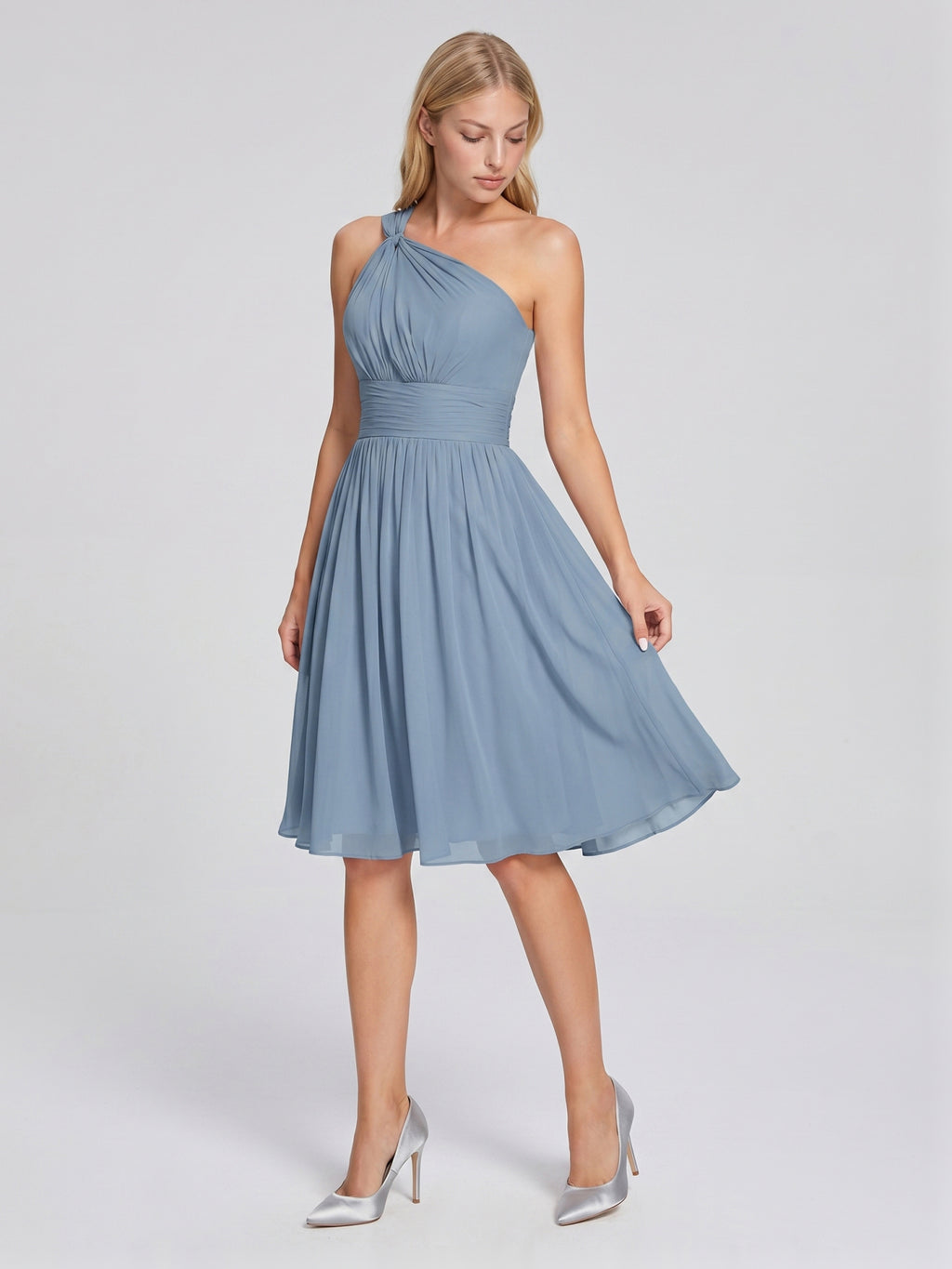 Dusty Blue Chiffon A-Line One Shoulder Back Zip Knee-Length Bridesmaid Dress with Pleats