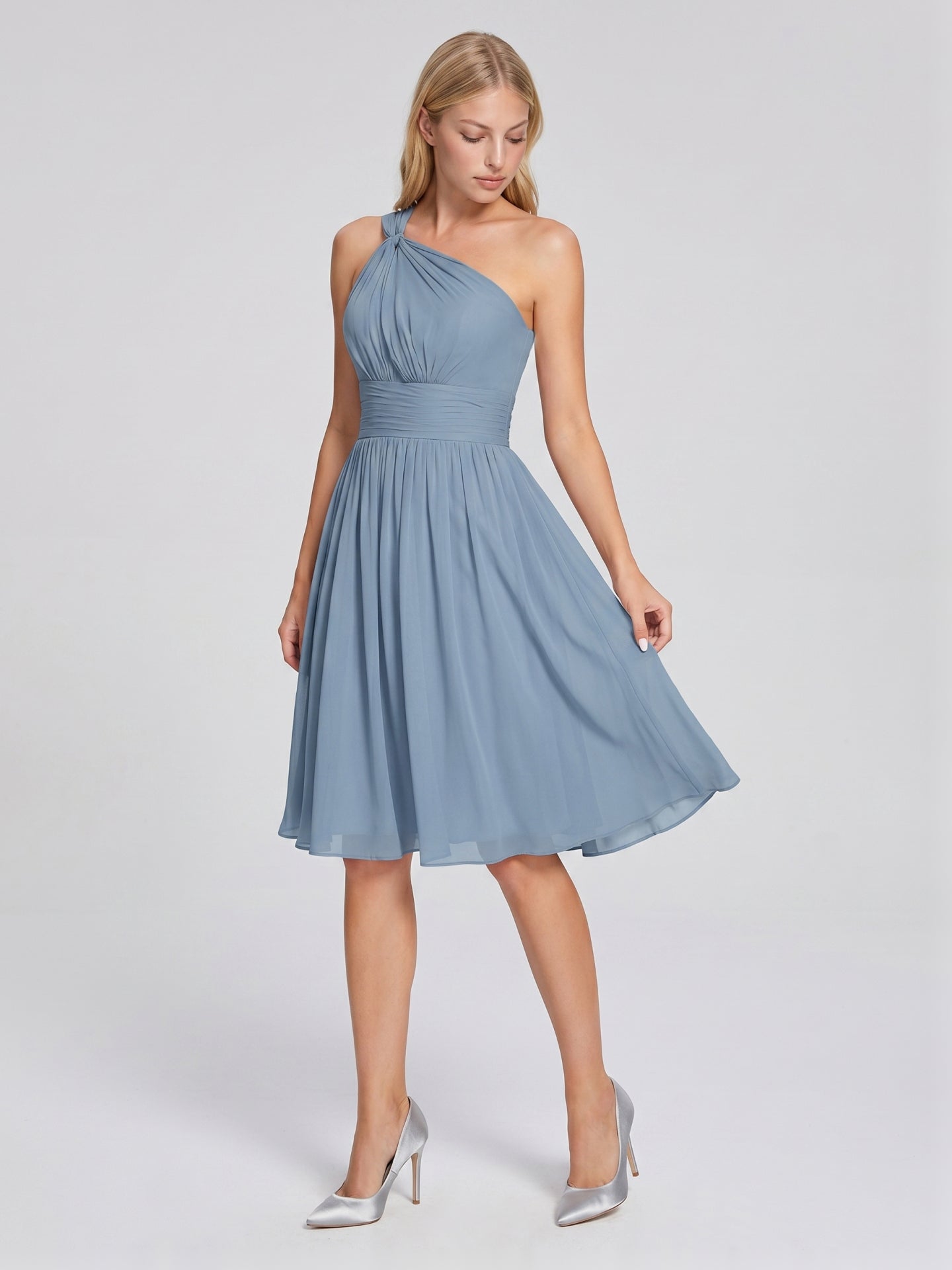 Dusty Blue Chiffon A-Line One Shoulder Back Zip Knee-Length Bridesmaid Dress with Pleats