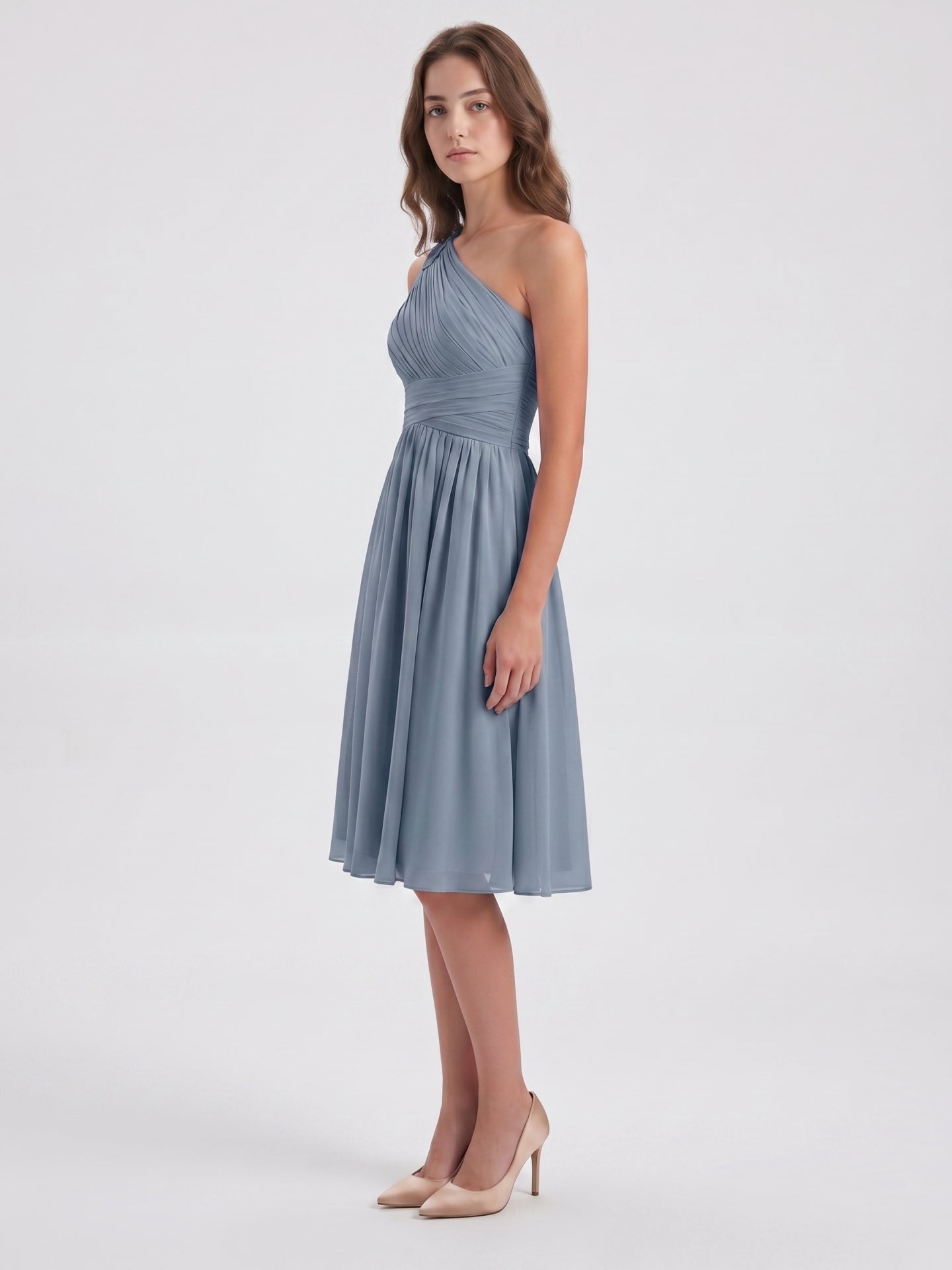 Dusty Blue Chiffon A-Line One Shoulder Side Zip Knee-Length Bridesmaid Dress with Pleats