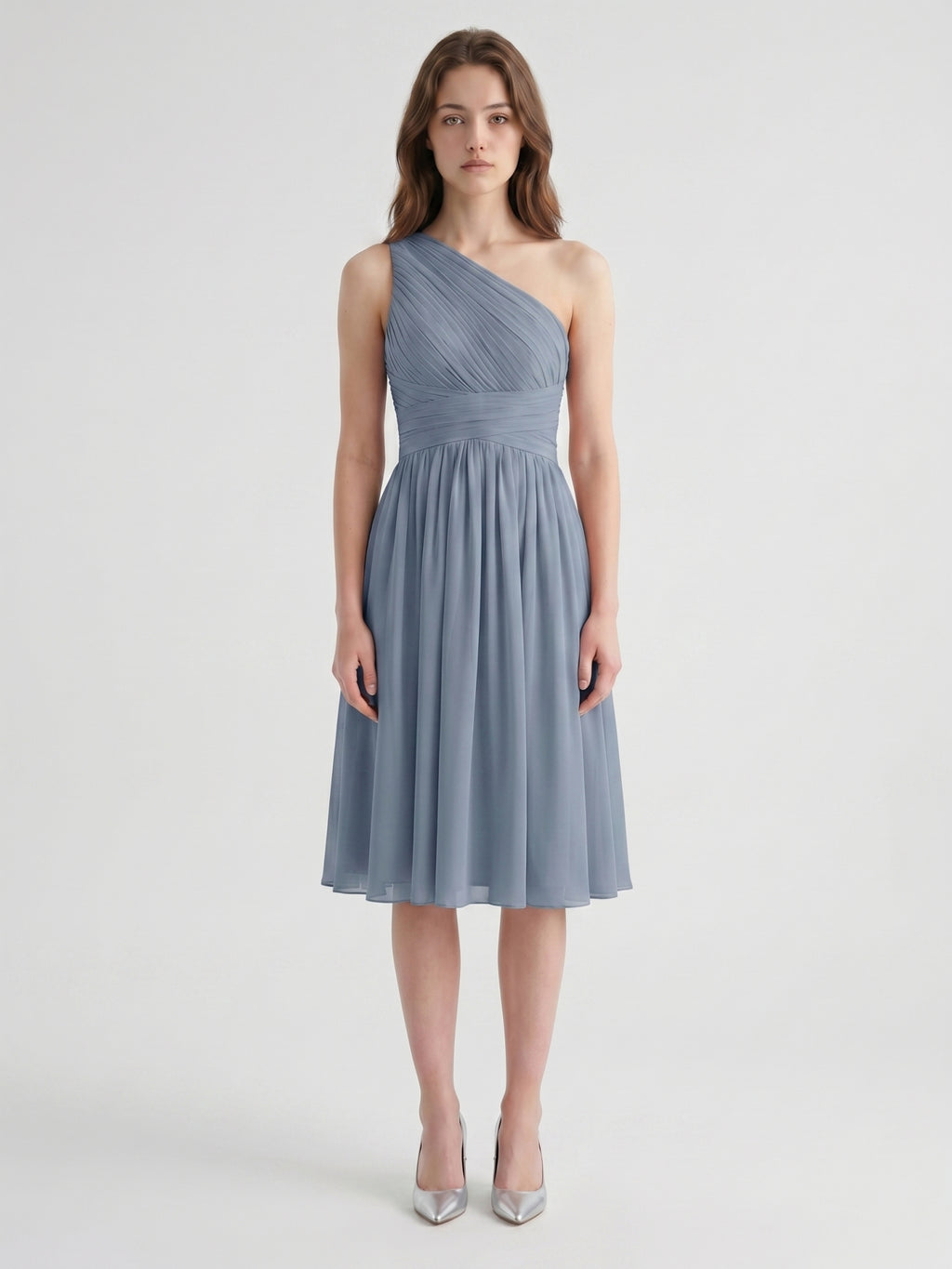 Dusty Blue Chiffon A-Line One Shoulder Side Zip Knee-Length Bridesmaid Dress with Pleats