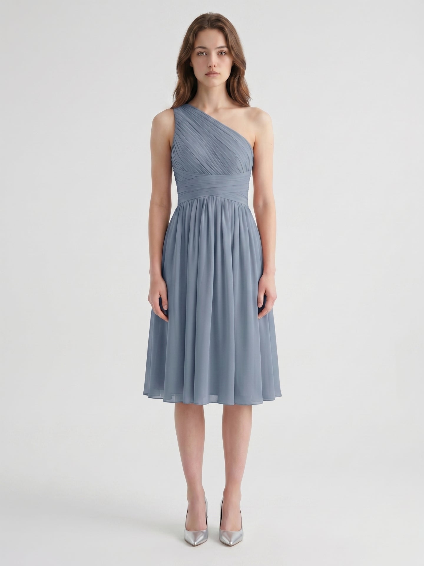 Dusty Blue Chiffon A-Line One Shoulder Side Zip Knee-Length Bridesmaid Dress with Pleats