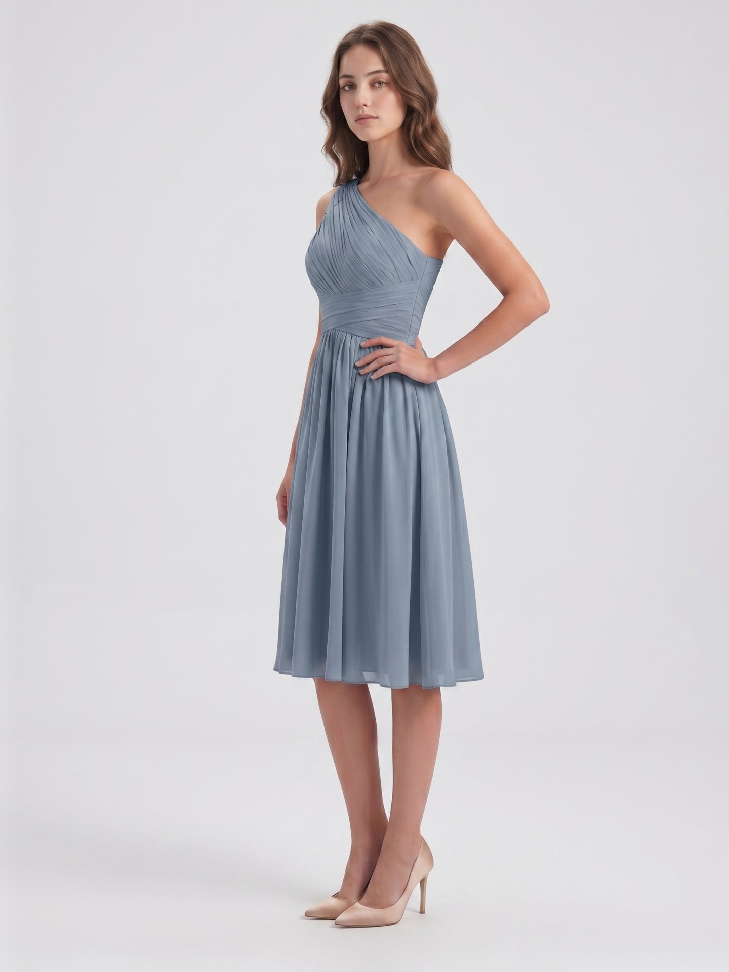 Dusty Blue Chiffon A-Line One Shoulder Side Zip Knee-Length Bridesmaid Dress with Pleats