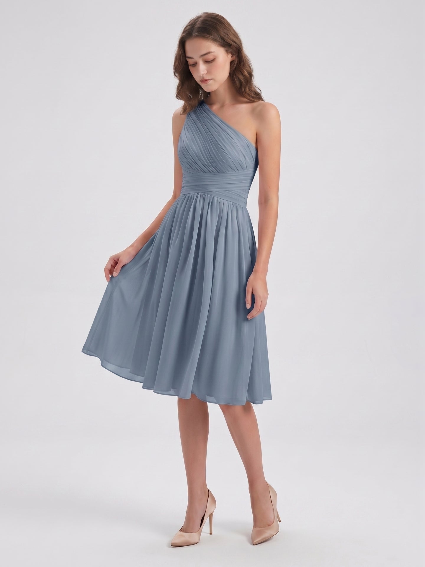 Dusty Blue Chiffon A-Line One Shoulder Side Zip Knee-Length Bridesmaid Dress with Pleats