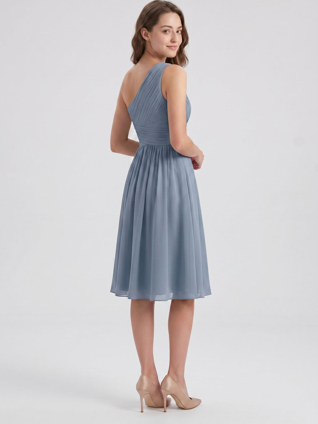 Dusty Blue Chiffon A-Line One Shoulder Side Zip Knee-Length Bridesmaid Dress with Pleats