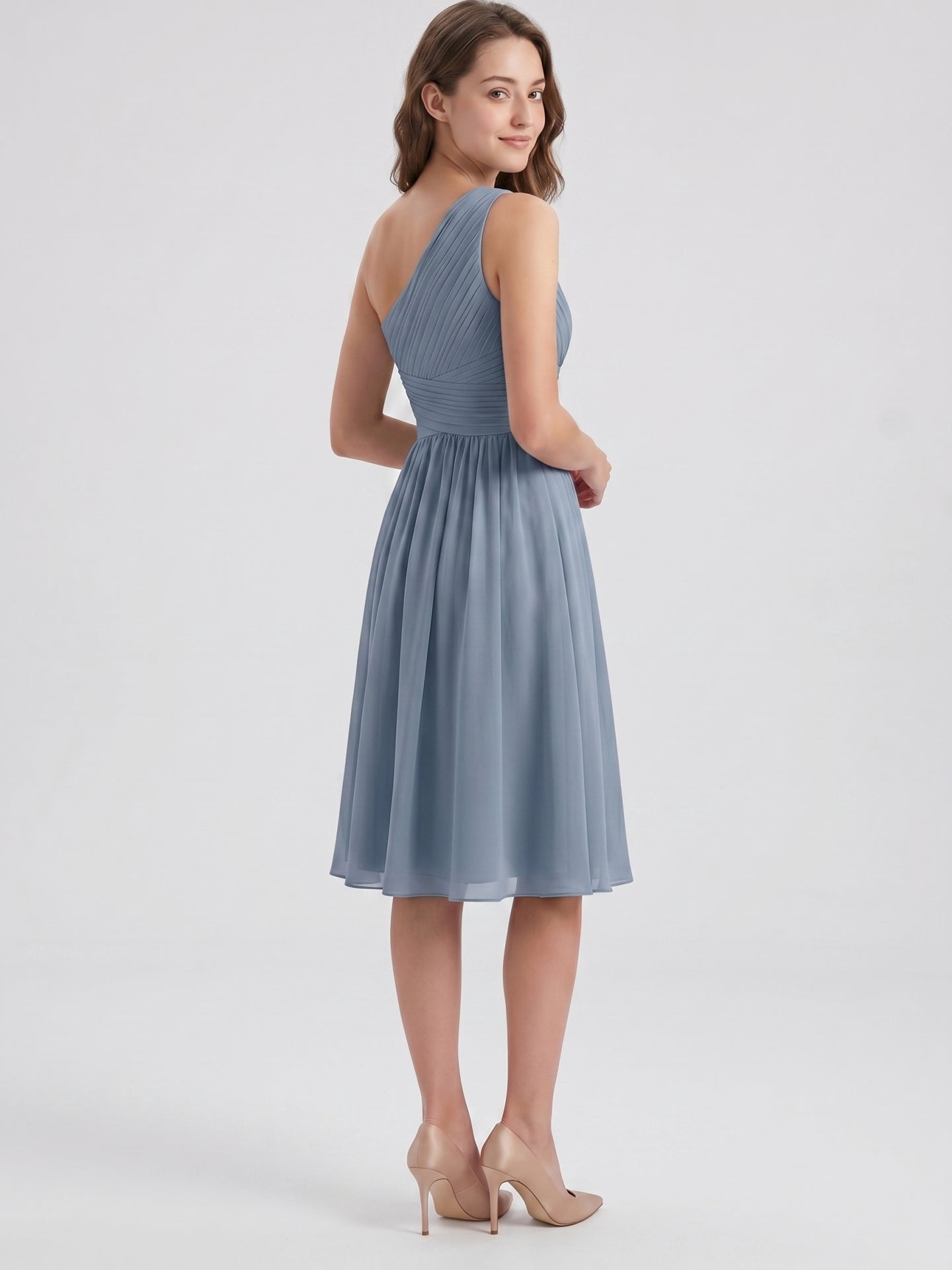 Dusty Blue Chiffon A-Line One Shoulder Side Zip Knee-Length Bridesmaid Dress with Pleats