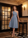 Dusty Blue Chiffon A-Line One Shoulder Side Zip Knee-Length Bridesmaid Dress with Pleats