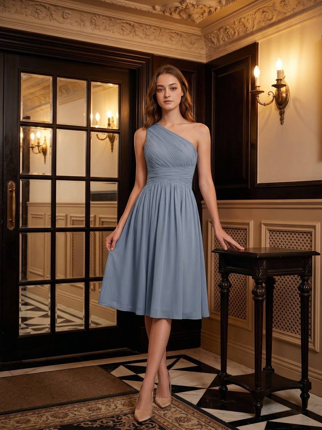 Dusty Blue Chiffon A-Line One Shoulder Side Zip Knee-Length Bridesmaid Dress with Pleats