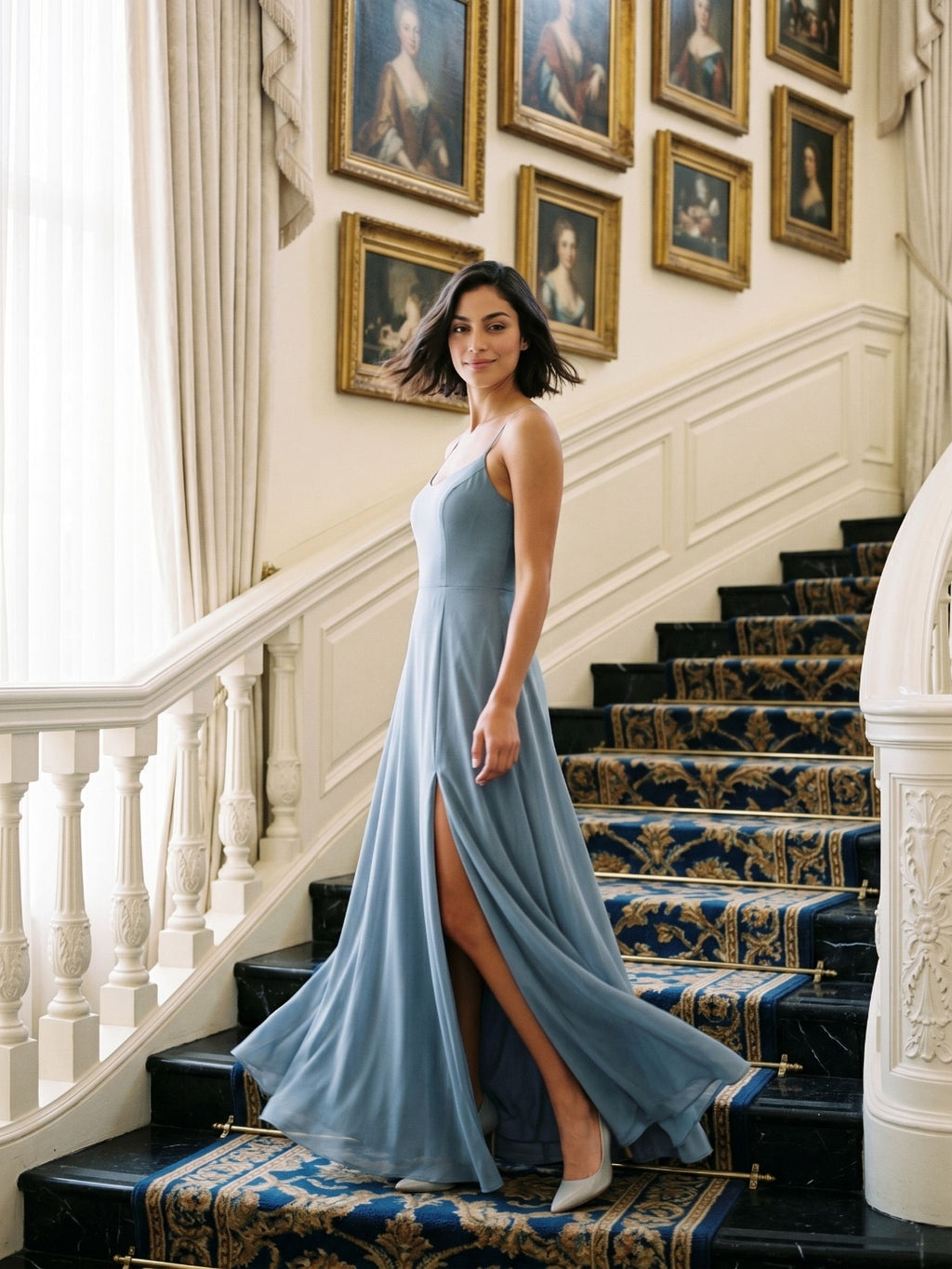 Dusty Blue Chiffon A-Line Scoop Neck Backless Floor-Length Bridesmaid Dress with Pleating