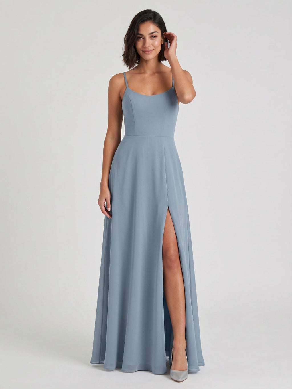 Dusty Blue Chiffon A-Line Scoop Neck Backless Floor-Length Bridesmaid Dress with Pleating