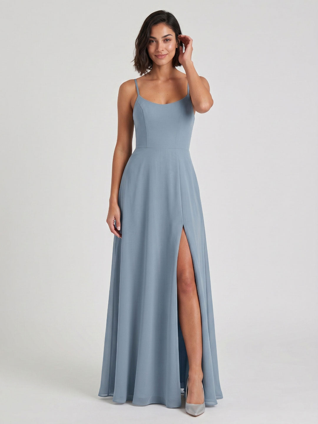 Dusty Blue Chiffon A-Line Scoop Neck Backless Floor-Length Bridesmaid Dress with Pleating