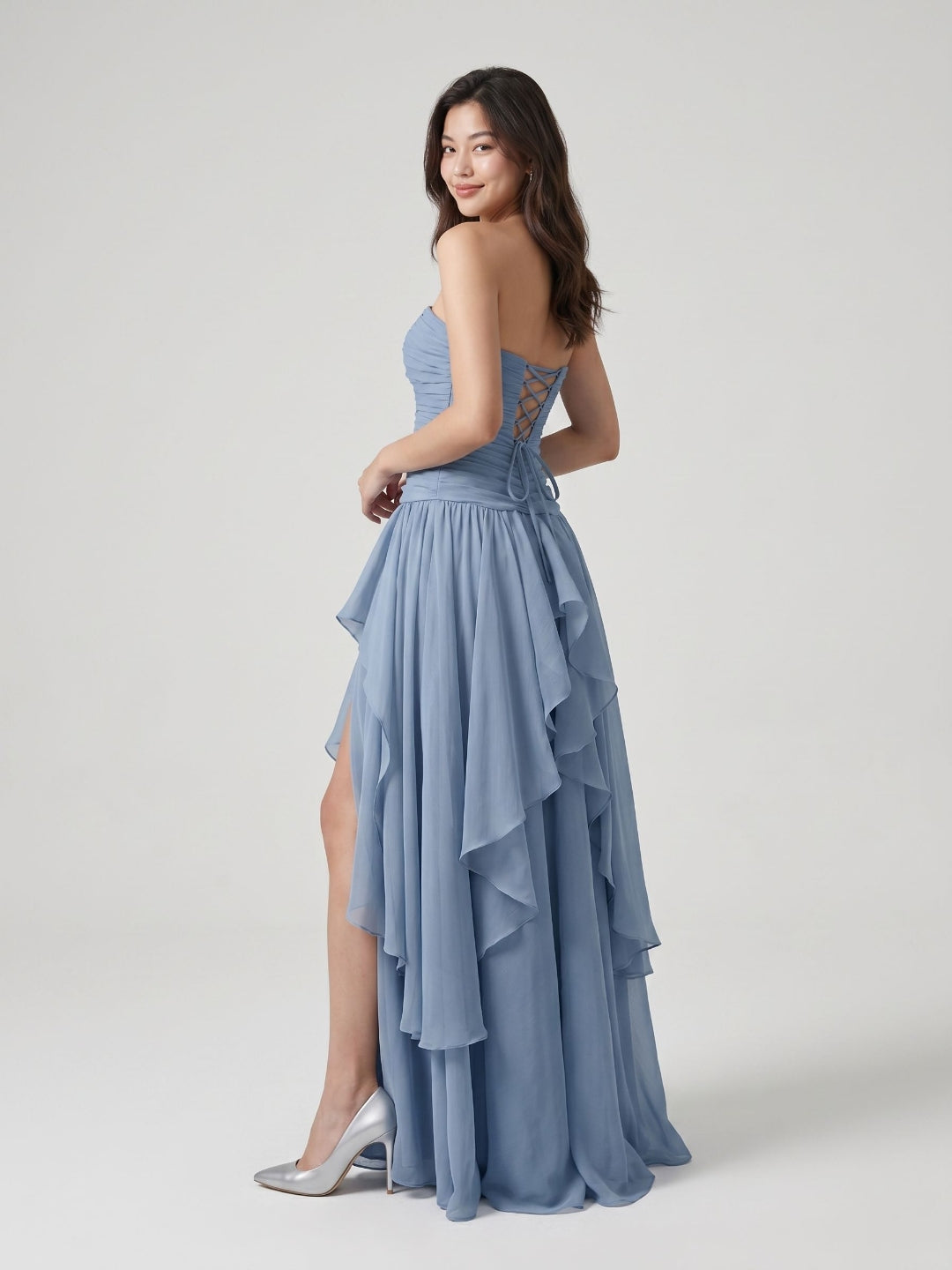 Dusty Blue Chiffon A-Line Straight Neck Lace-Up Back Floor-Length Party Dress with Ruffles