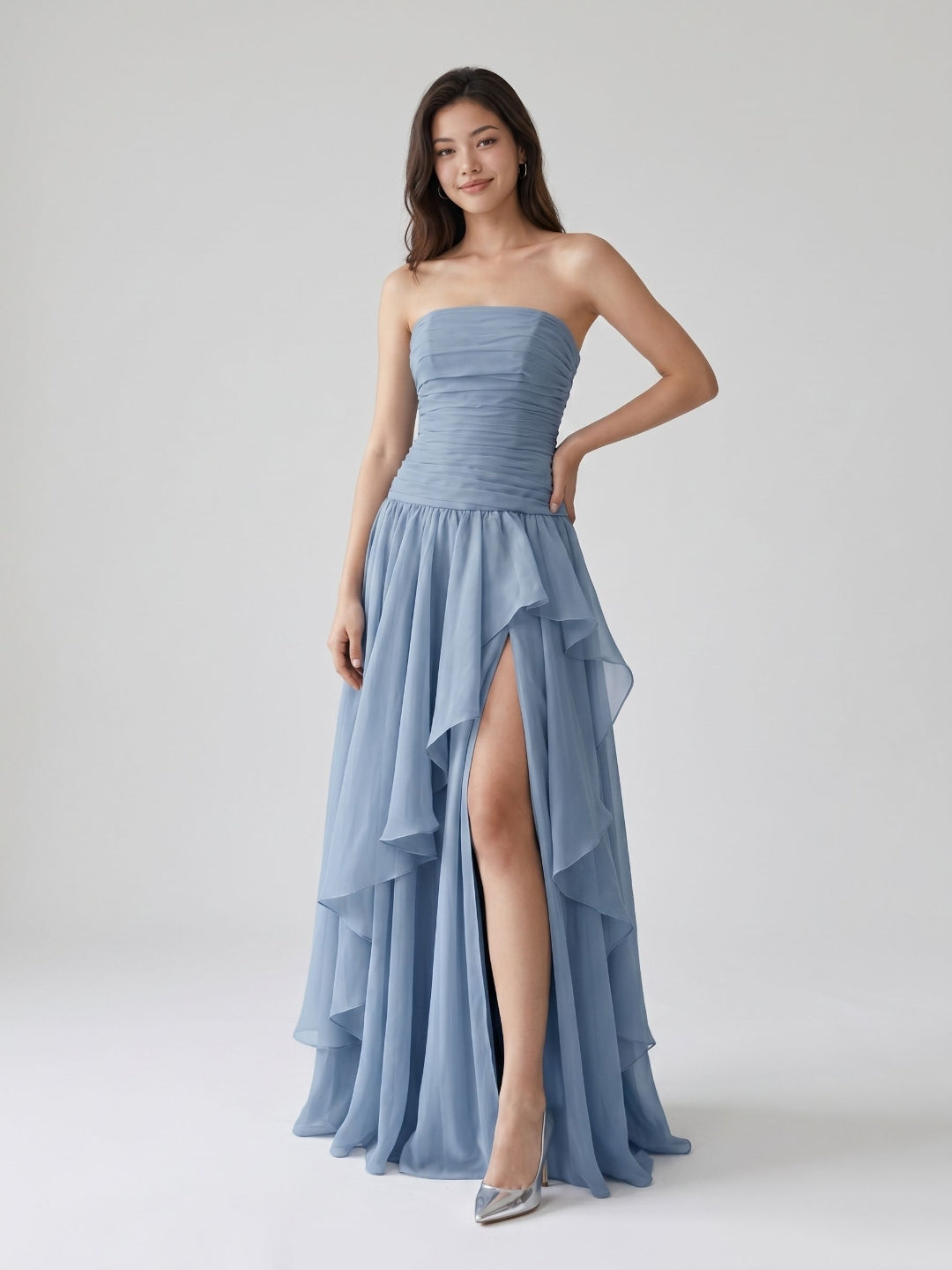 Dusty Blue Chiffon A-Line Straight Neck Lace-Up Back Floor-Length Party Dress with Ruffles