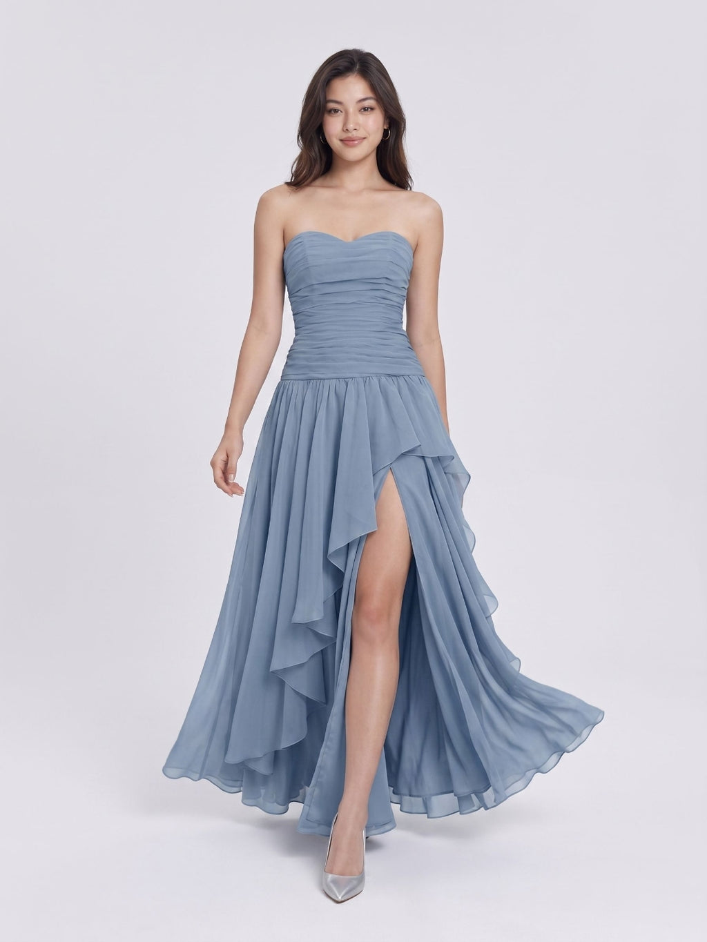 Dusty Blue Chiffon A-Line Straight Neck Lace-Up Back Floor-Length Party Dress with Ruffles