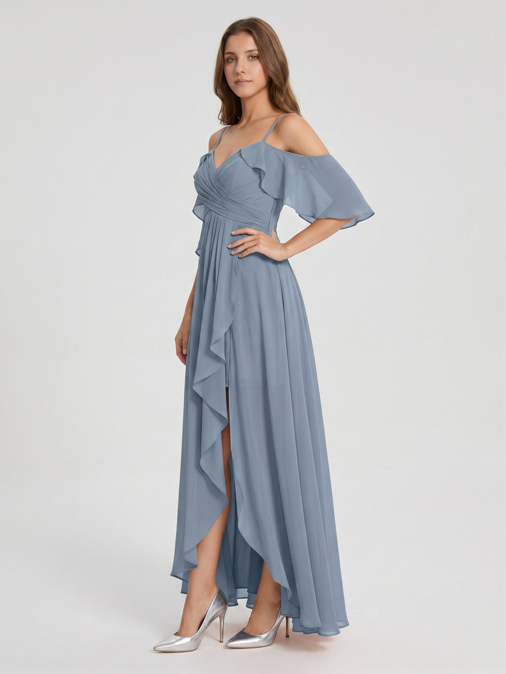 Dusty Blue Chiffon A-Line V-Neck Back Zip Asymmetrical Bridesmaid Dress with Pleats
