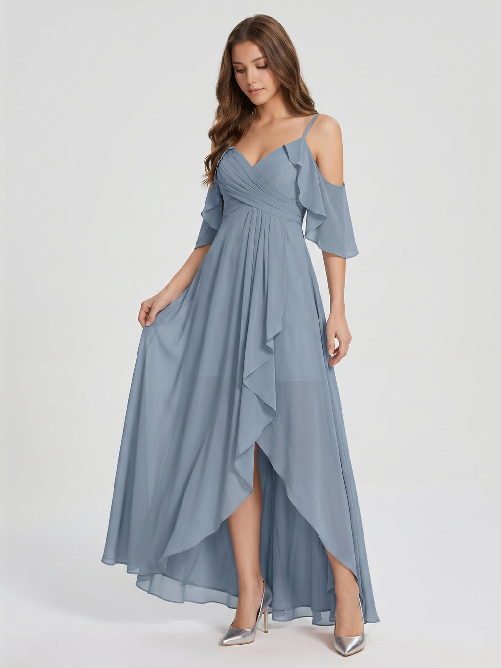 Dusty Blue Chiffon A-Line V-Neck Back Zip Asymmetrical Bridesmaid Dress with Pleats