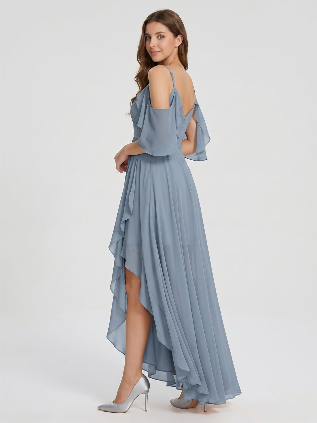 Dusty Blue Chiffon A-Line V-Neck Back Zip Asymmetrical Bridesmaid Dress with Pleats