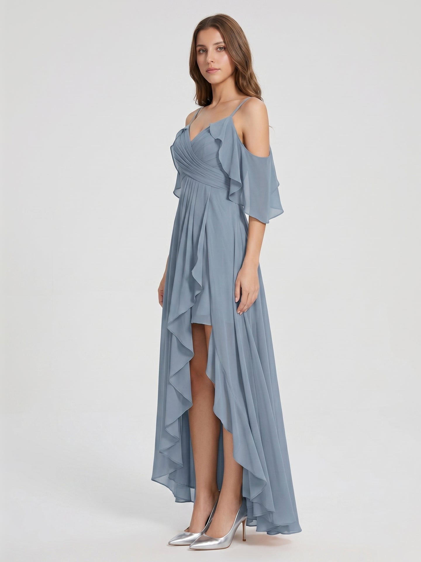 Dusty Blue Chiffon A-Line V-Neck Back Zip Asymmetrical Bridesmaid Dress with Pleats