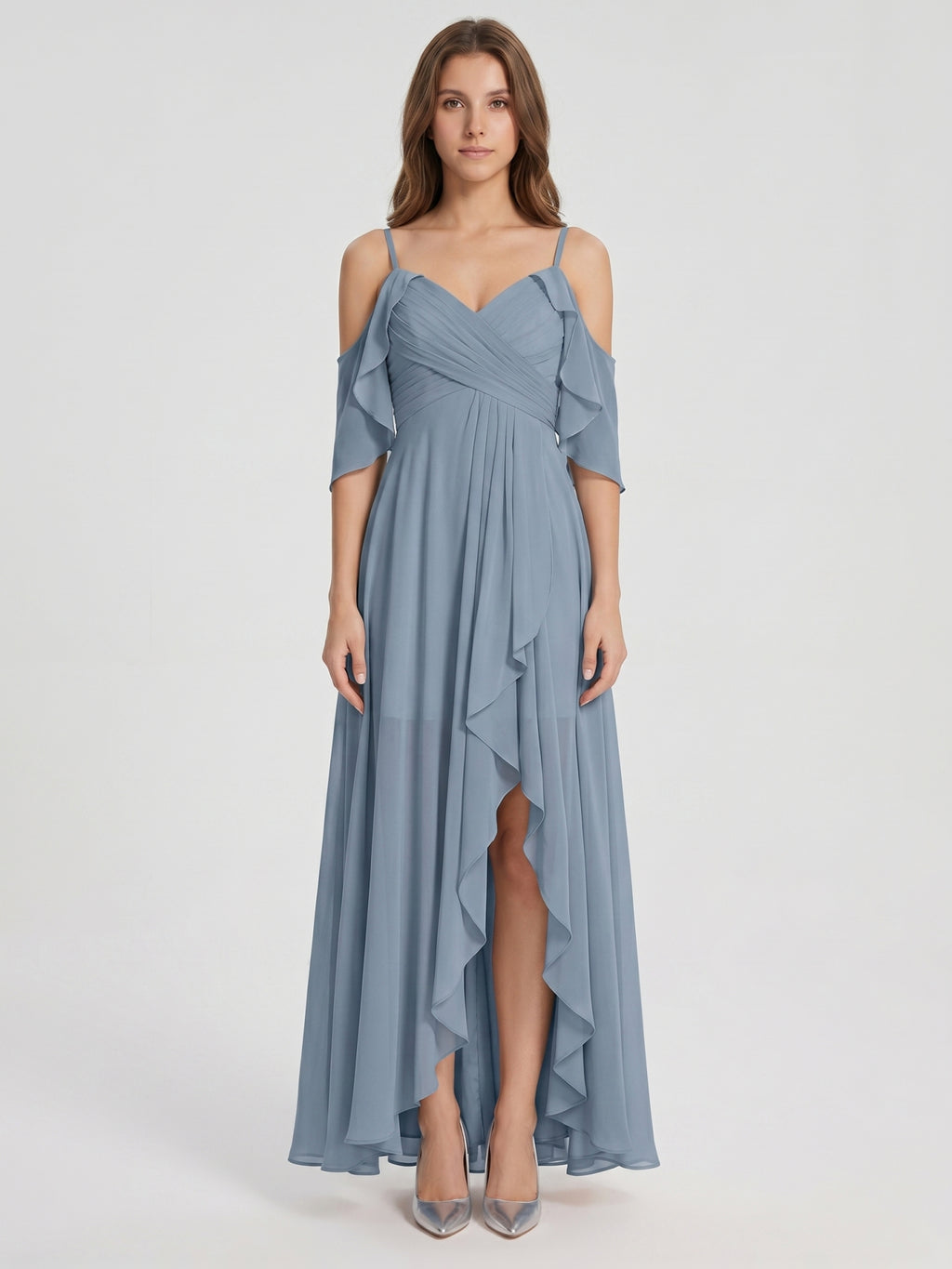 Dusty Blue Chiffon A-Line V-Neck Back Zip Asymmetrical Bridesmaid Dress with Pleats