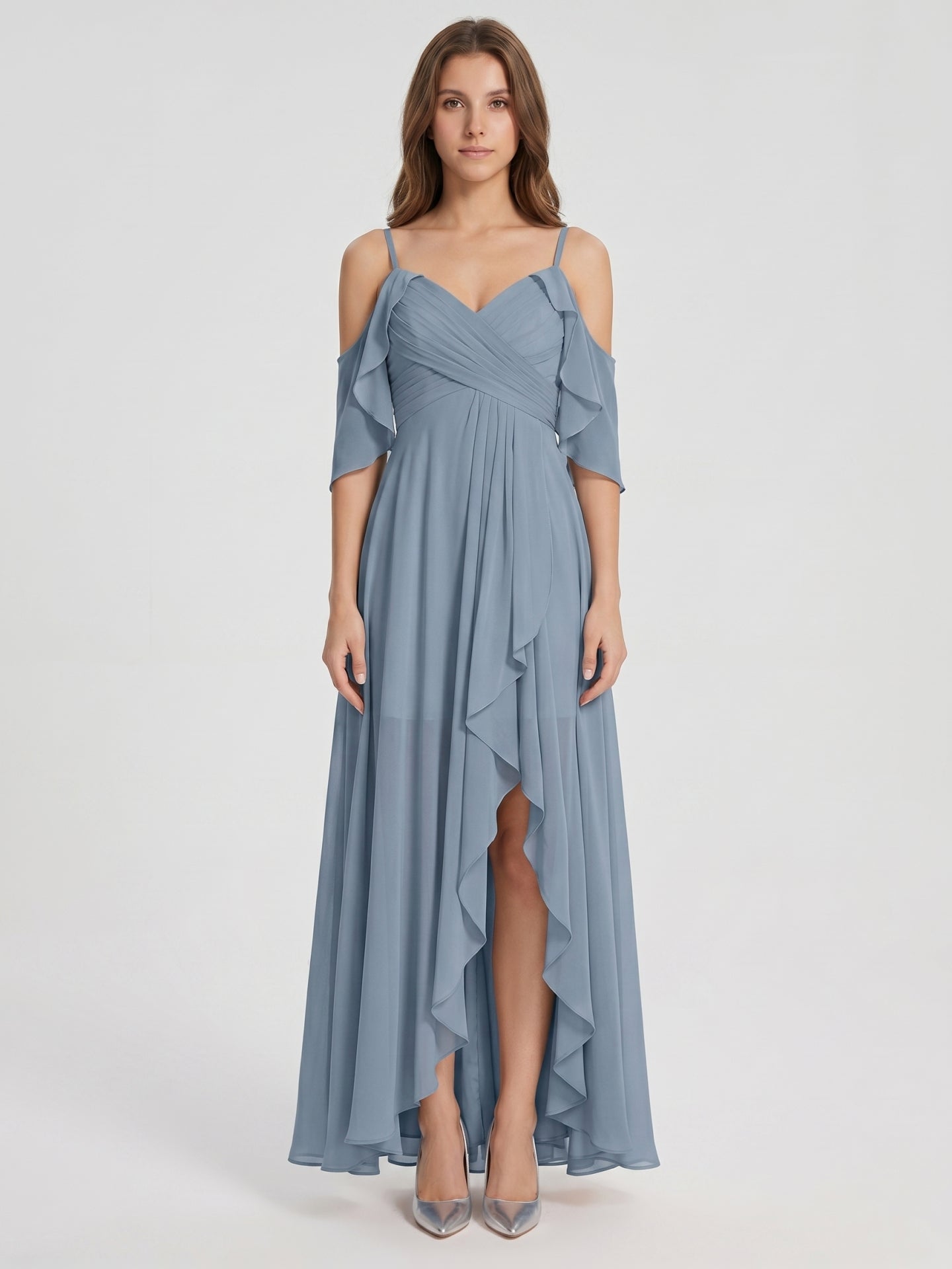 Dusty Blue Chiffon A-Line V-Neck Back Zip Asymmetrical Bridesmaid Dress with Pleats