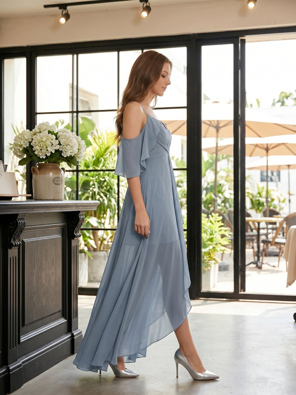 Dusty Blue Chiffon A-Line V-Neck Back Zip Asymmetrical Bridesmaid Dress with Pleats