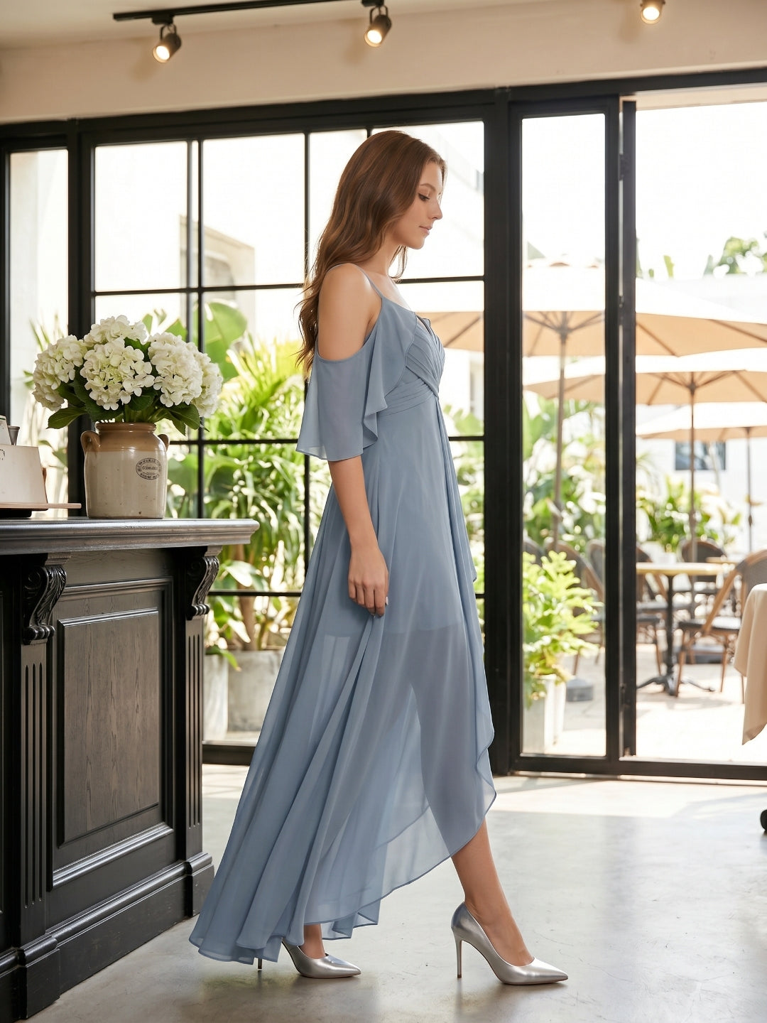 Dusty Blue Chiffon A-Line V-Neck Back Zip Asymmetrical Bridesmaid Dress with Pleats