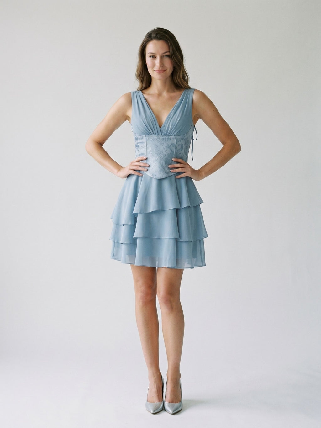 Dusty Blue Chiffon A-Line V-Neck Lace-Up Back Short Wedding Guest Dress with Pleating