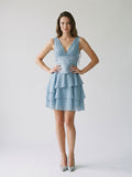 Dusty Blue Chiffon A-Line V-Neck Lace-Up Back Short Wedding Guest Dress with Pleating