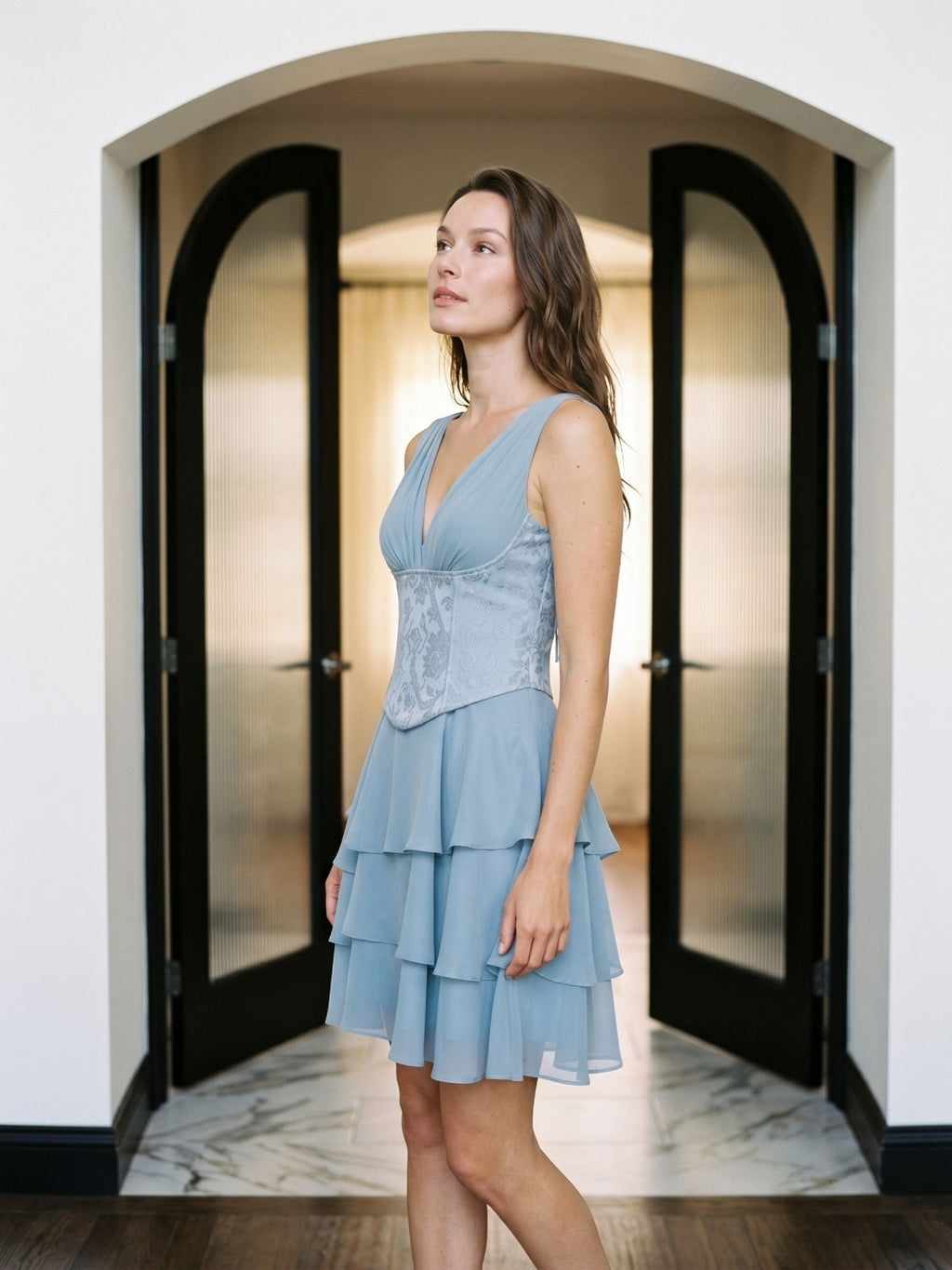 Dusty Blue Chiffon A-Line V-Neck Lace-Up Back Short Wedding Guest Dress with Pleating