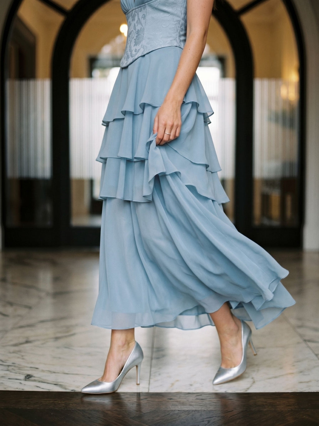 Dusty Blue Chiffon A-Line V-Neck Lace-Up Back Short Wedding Guest Dress with Pleating