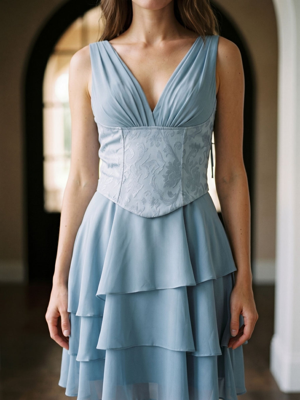 Dusty Blue Chiffon A-Line V-Neck Lace-Up Back Short Wedding Guest Dress with Pleating