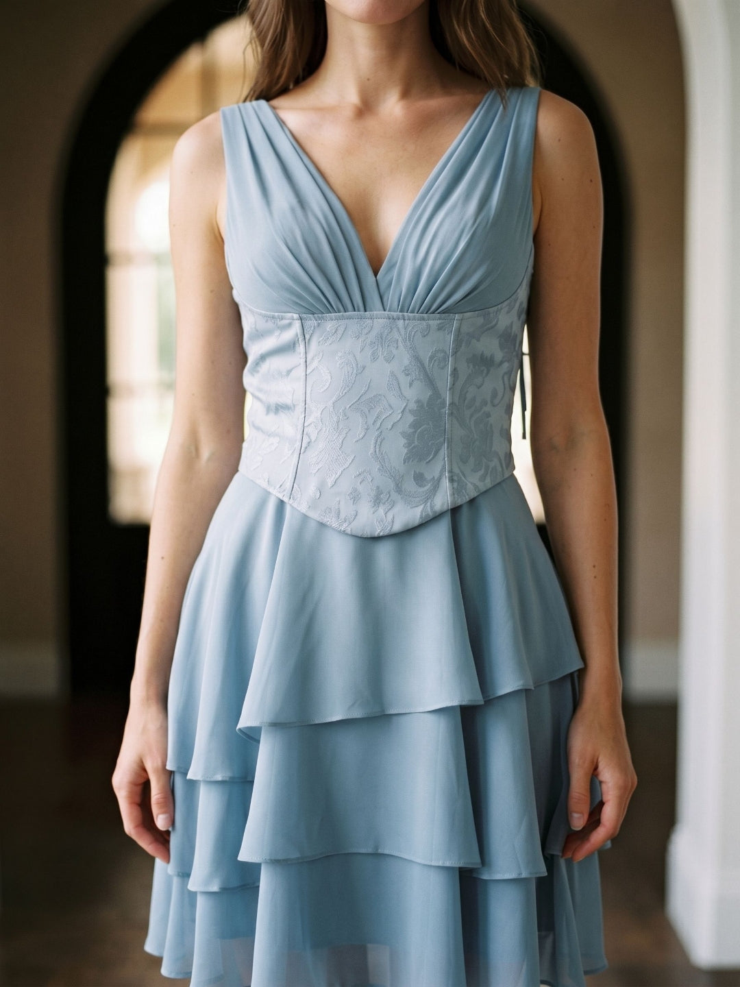 Dusty Blue Chiffon A-Line V-Neck Lace-Up Back Short Wedding Guest Dress with Pleating