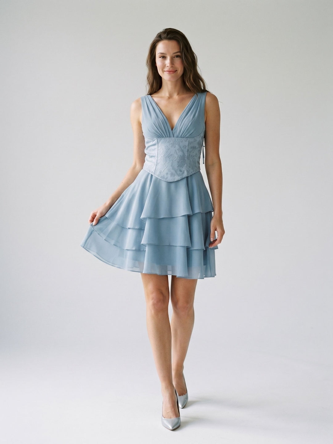 Dusty Blue Chiffon A-Line V-Neck Lace-Up Back Short Wedding Guest Dress with Pleating