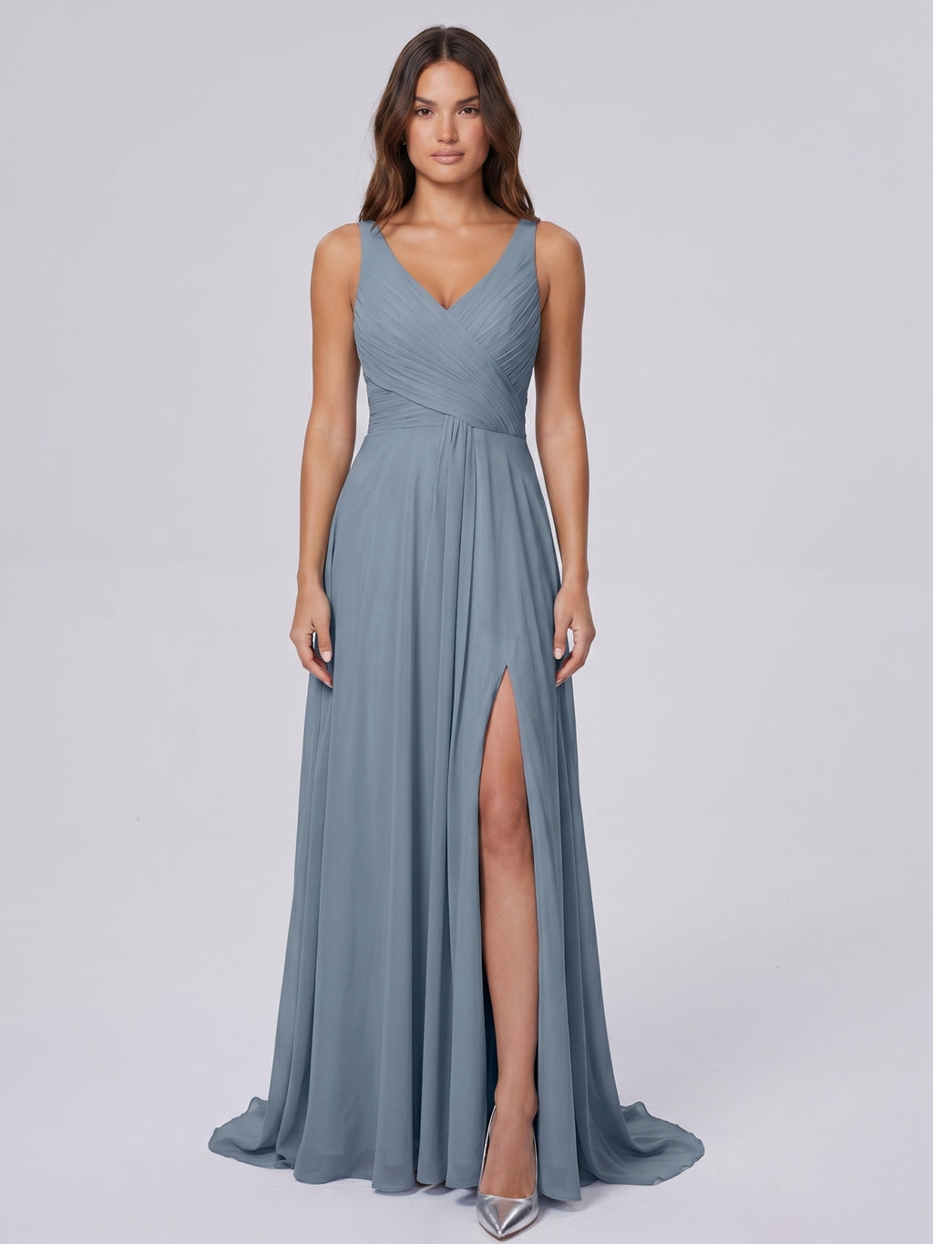 Dusty Blue Chiffon A-Line V-Neck Lace-up Floor-Length Bridesmaid Dress with Pleats