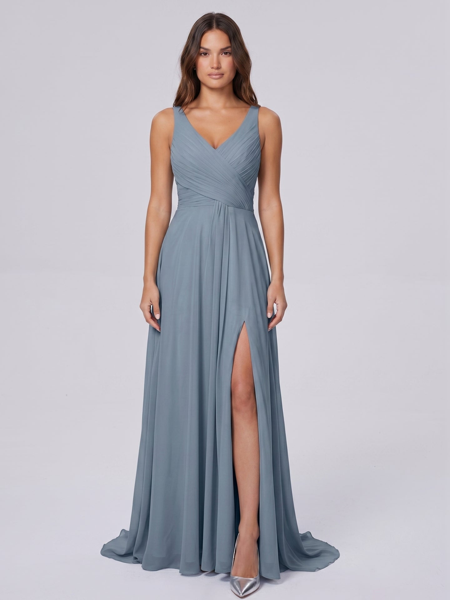 Dusty Blue Chiffon A-Line V-Neck Lace-up Floor-Length Bridesmaid Dress with Pleats
