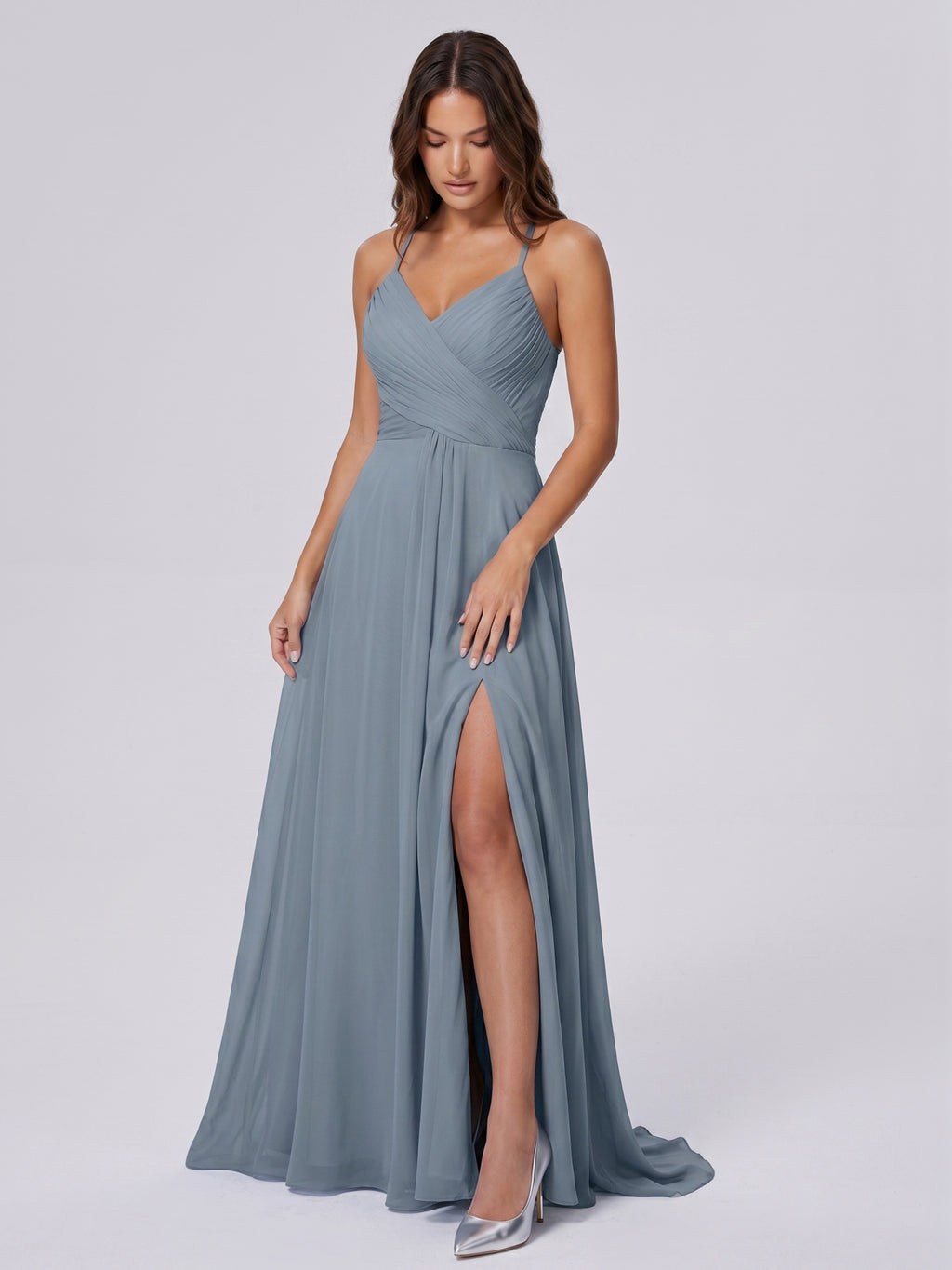 Dusty Blue Chiffon A-Line V-Neck Lace-up Floor-Length Bridesmaid Dress with Pleats