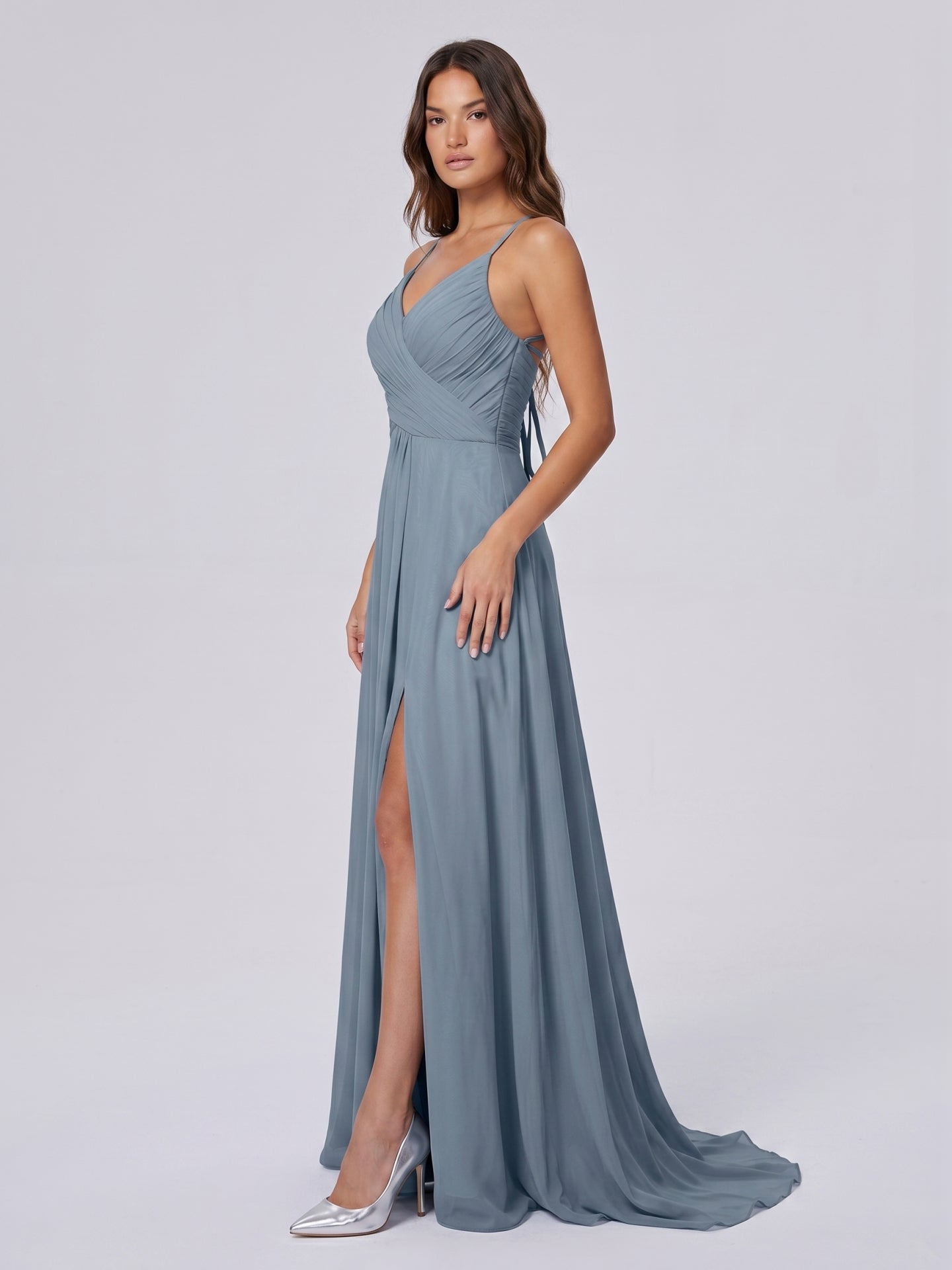 Dusty Blue Chiffon A-Line V-Neck Lace-up Floor-Length Bridesmaid Dress with Pleats