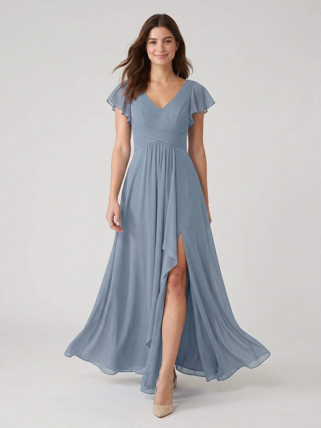 Dusty Blue Chiffon A-Line V-Neck V-Back Floor-Length Bridesmaid Dress with Pleating