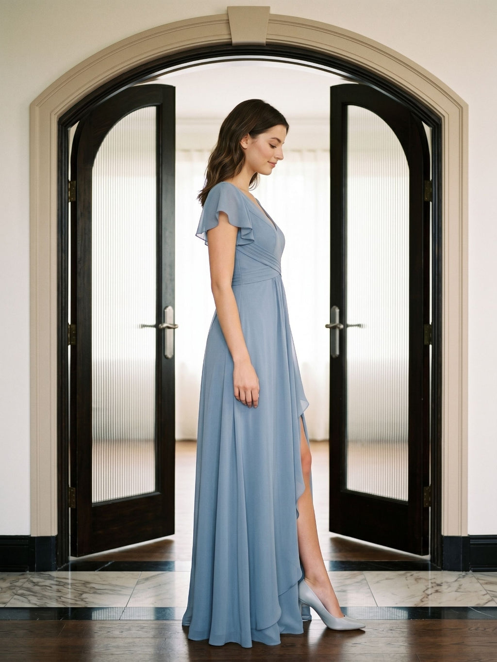 Dusty Blue Chiffon A-Line V-Neck V-Back Floor-Length Bridesmaid Dress with Pleating