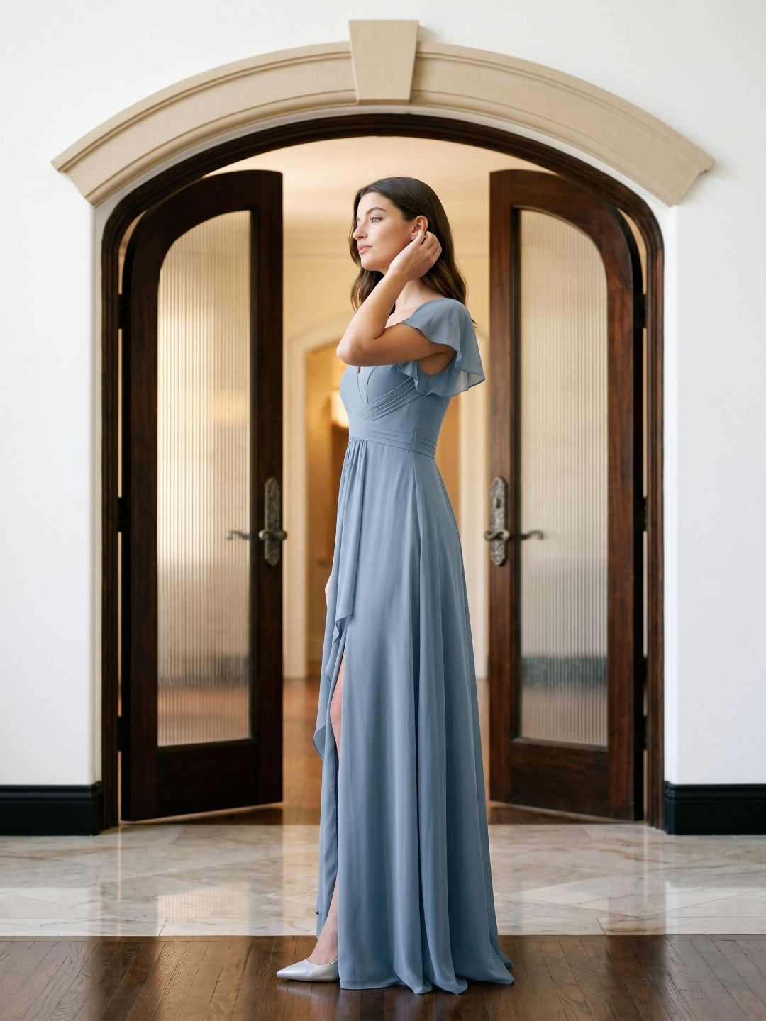 Dusty Blue Chiffon A-Line V-Neck V-Back Floor-Length Bridesmaid Dress with Pleating