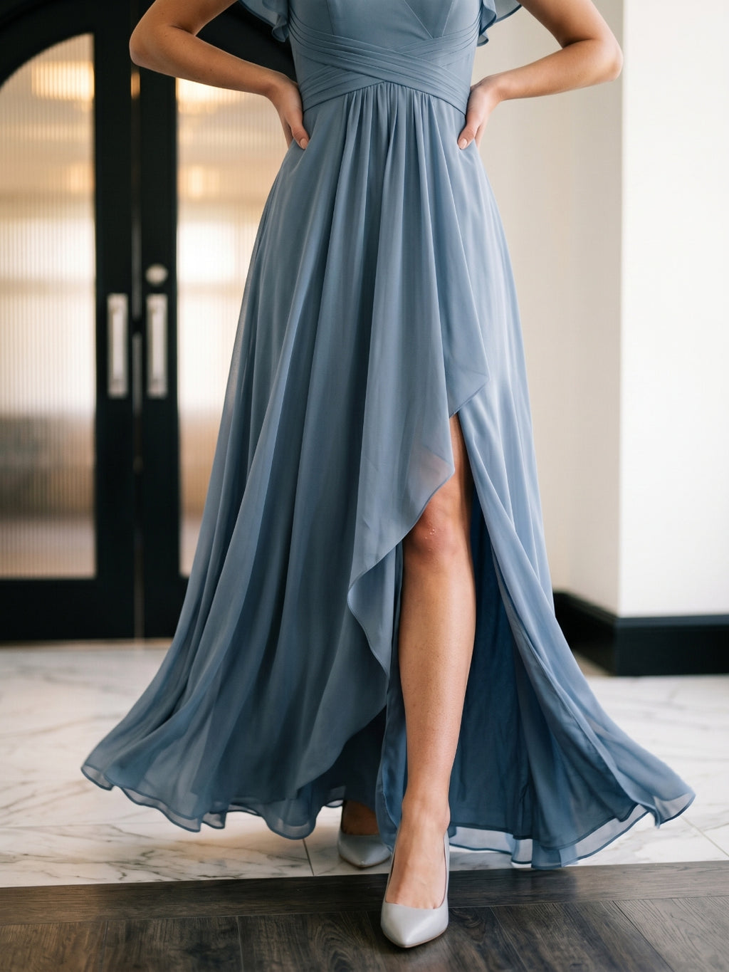 Dusty Blue Chiffon A-Line V-Neck V-Back Floor-Length Bridesmaid Dress with Pleating