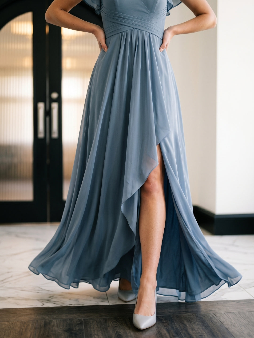 Dusty Blue Chiffon A-Line V-Neck V-Back Floor-Length Bridesmaid Dress with Pleating