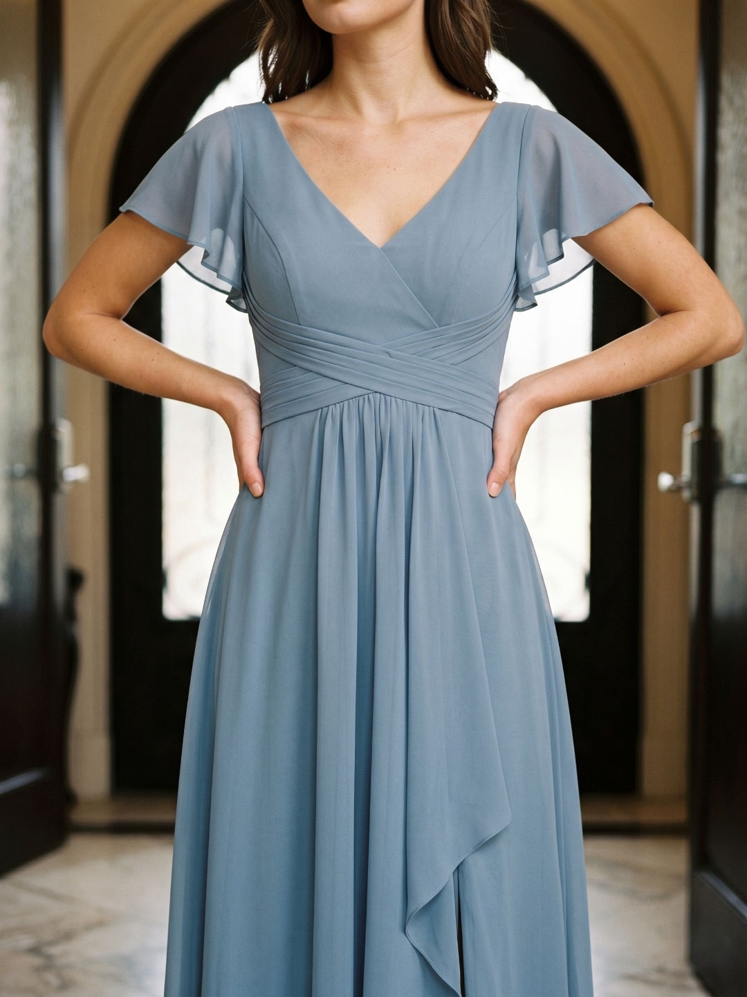 Dusty Blue Chiffon A-Line V-Neck V-Back Floor-Length Bridesmaid Dress with Pleating