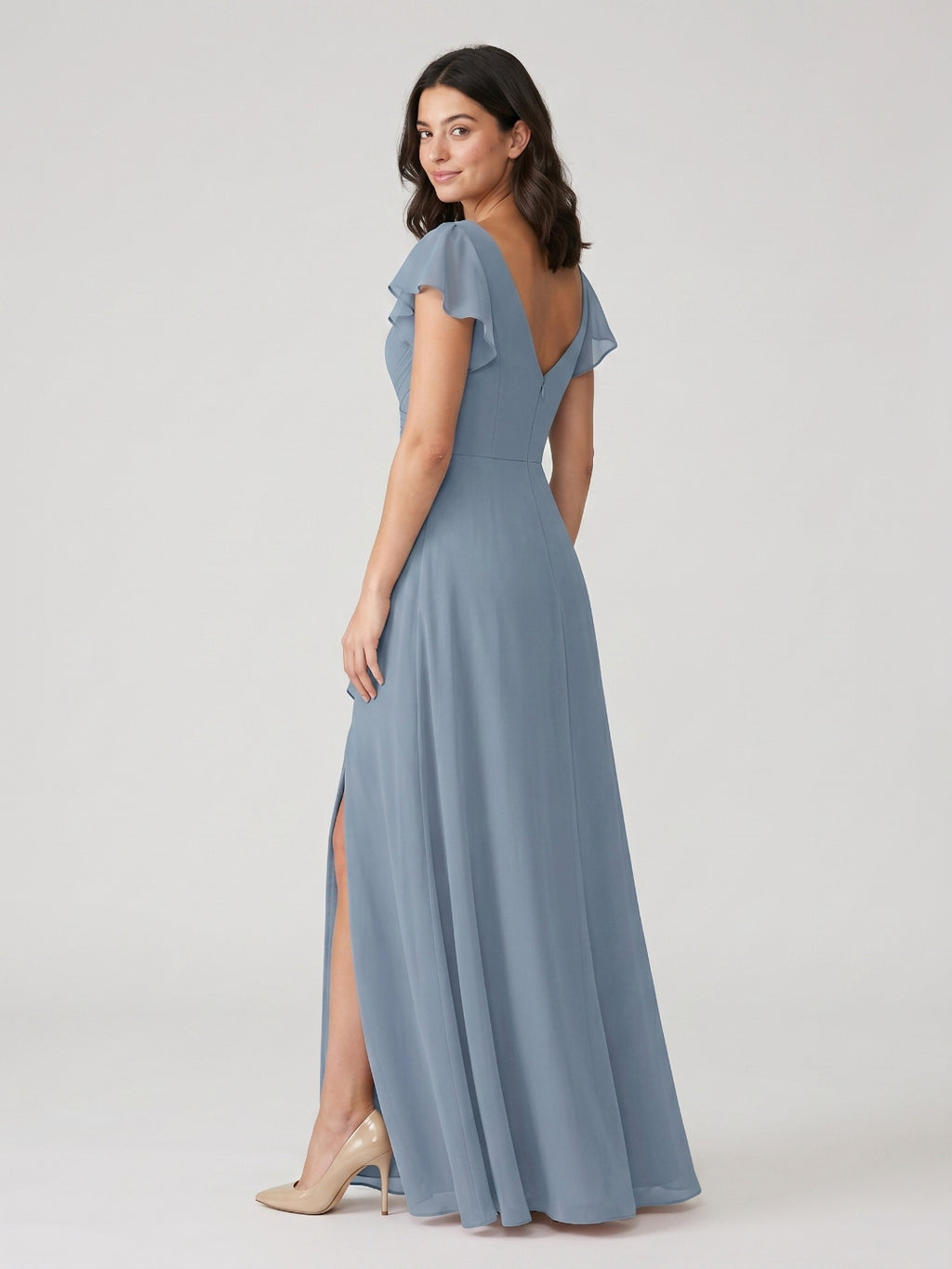 Dusty Blue Chiffon A-Line V-Neck V-Back Floor-Length Bridesmaid Dress with Pleating